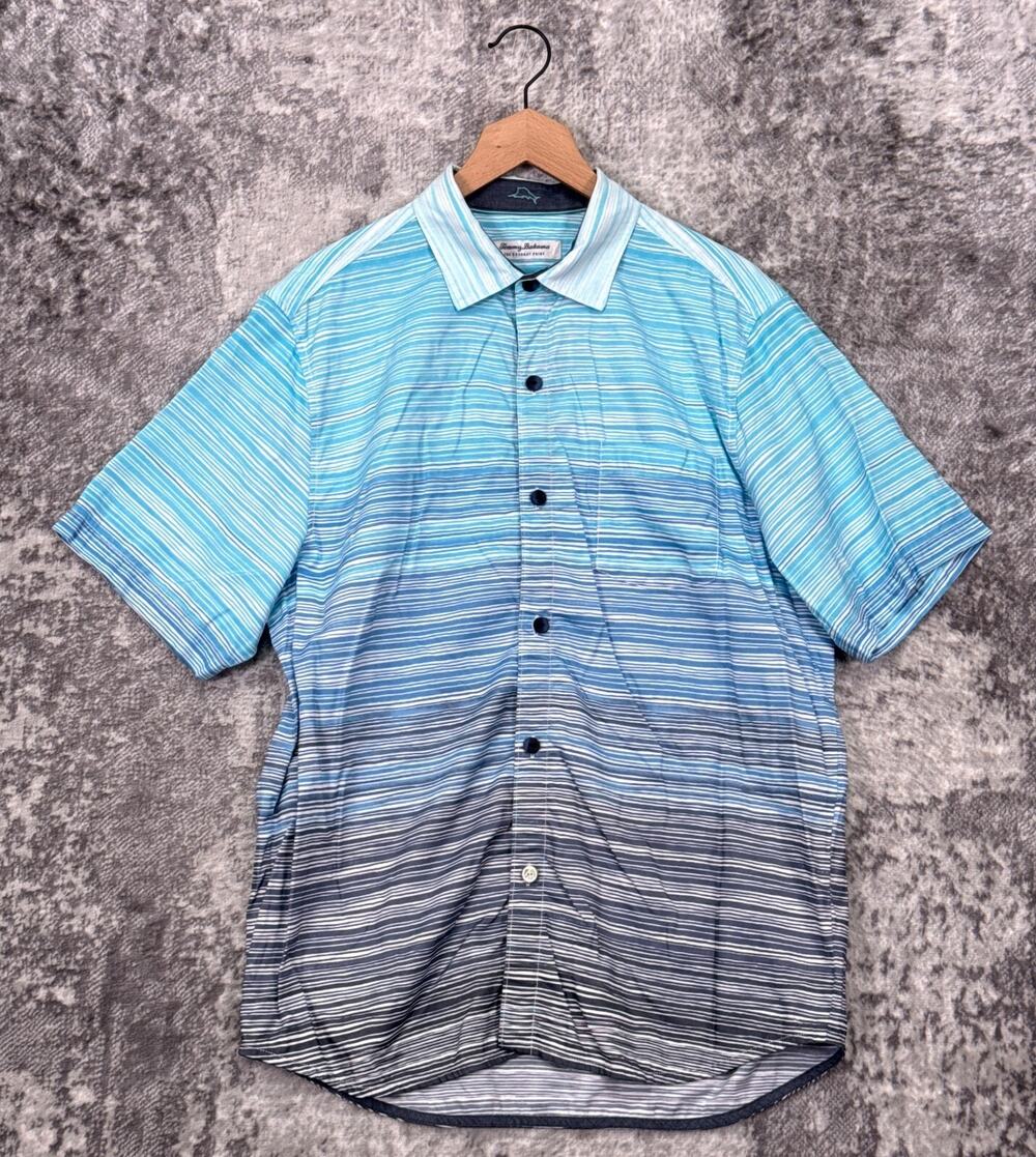 Tommy Bahama The Coconut Point Shirt Large Mens Blue Ocean Striped Short Sleeve